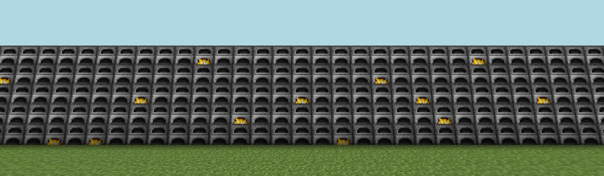 In-game screenshot of a wall of Minecraft furnaces on a superflat world, a few of them lit